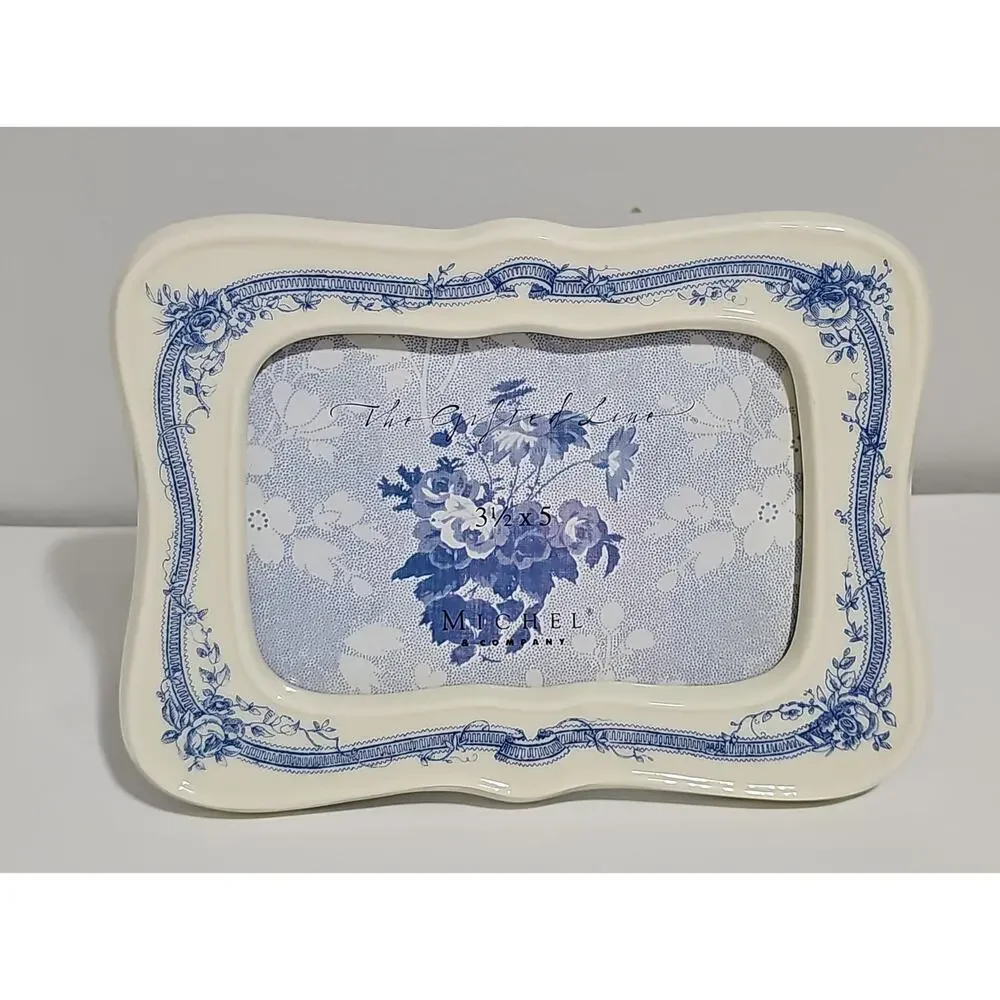 Michel & Co Ceramic Picture Frame Scallop Edge Blue Floral Toile Shabby Chic